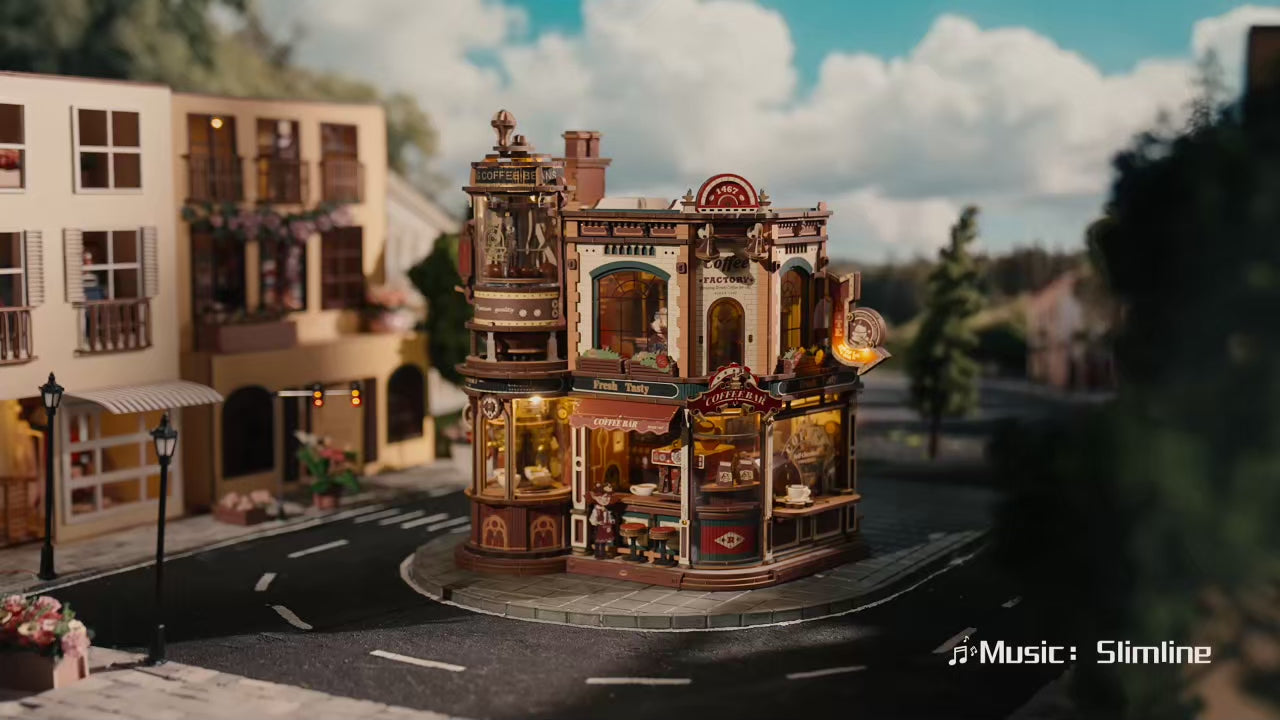 Charger la vidéo: Vidéo complète du  Puzzle 3D Dream Coffee Factory : unboxing, aperçu des pièces, démonstration des étapes de montage. La vidéo se termine par la présentation du rendu final en volume sous plusieurs angles, pour mieux évaluer la difficulté, le temps de montage estimé et la présence décorative du modèle une fois exposé.
